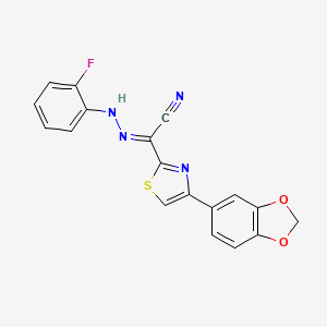 molecular formula C18H11FN4O2S B2836157 (2E)-4-(1,3-benzodioxol-5-yl)-N-(2-fluoroanilino)-1,3-thiazole-2-carboximidoyl cyanide CAS No. 477190-73-1