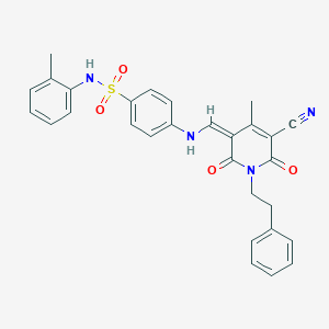 molecular formula C29H26N4O4S B283624 4-[[(Z)-[5-cyano-4-methyl-2,6-dioxo-1-(2-phenylethyl)pyridin-3-ylidene]methyl]amino]-N-(2-methylphenyl)benzenesulfonamide 