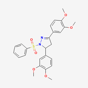 molecular formula C25H26N2O6S B2836261 3,5-bis(3,4-dimethoxyphenyl)-1-(phenylsulfonyl)-4,5-dihydro-1H-pyrazole CAS No. 370844-06-7