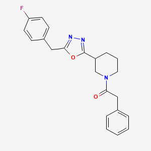 molecular formula C22H22FN3O2 B2836285 1-(3-(5-(4-Fluorobenzyl)-1,3,4-oxadiazol-2-yl)piperidin-1-yl)-2-phenylethanone CAS No. 1172785-05-5