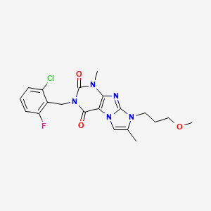 molecular formula C20H21ClFN5O3 B2836305 2-[(2-Chloro-6-fluorophenyl)methyl]-6-(3-methoxypropyl)-4,7-dimethylpurino[7,8-a]imidazole-1,3-dione CAS No. 876902-40-8