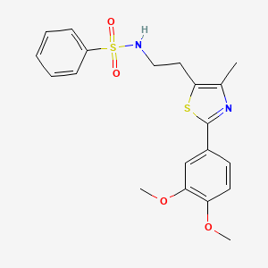molecular formula C20H22N2O4S2 B2836306 N-(2-(2-(3,4-dimethoxyphenyl)-4-methylthiazol-5-yl)ethyl)benzenesulfonamide CAS No. 873010-51-6