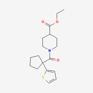 molecular formula C18H25NO3S B2836338 Ethyl 1-(1-(thiophen-2-yl)cyclopentanecarbonyl)piperidine-4-carboxylate CAS No. 1049575-20-3