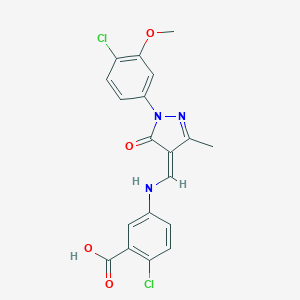 molecular formula C19H15Cl2N3O4 B283635 2-chloro-5-[[(Z)-[1-(4-chloro-3-methoxyphenyl)-3-methyl-5-oxopyrazol-4-ylidene]methyl]amino]benzoic acid 