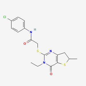 molecular formula C17H18ClN3O2S2 B2836352 N-(4-chlorophenyl)-2-((3-ethyl-6-methyl-4-oxo-3,4,6,7-tetrahydrothieno[3,2-d]pyrimidin-2-yl)thio)acetamide CAS No. 851409-62-6