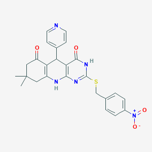 molecular formula C25H23N5O4S B2836365 8,8-dimethyl-2-((4-nitrobenzyl)thio)-5-(pyridin-4-yl)-7,8,9,10-tetrahydropyrimido[4,5-b]quinoline-4,6(3H,5H)-dione CAS No. 537044-92-1