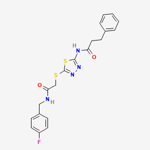 molecular formula C20H19FN4O2S2 B2836389 N-(5-((2-((4-fluorobenzyl)amino)-2-oxoethyl)thio)-1,3,4-thiadiazol-2-yl)-3-phenylpropanamide CAS No. 896032-70-5