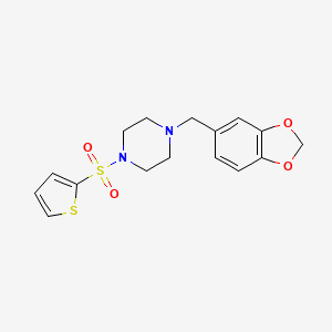 molecular formula C16H18N2O4S2 B2836412 1-Benzo[1,3]dioxol-5-ylmethyl-4-(thiophene-2-sulfonyl)-piperazine CAS No. 324774-68-7