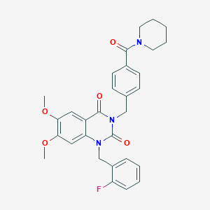molecular formula C30H30FN3O5 B2836496 1-(2-fluorobenzyl)-6,7-dimethoxy-3-(4-(piperidine-1-carbonyl)benzyl)quinazoline-2,4(1H,3H)-dione CAS No. 1242881-04-4
