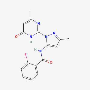 molecular formula C16H14FN5O2 B2836528 2-fluoro-N-[5-methyl-2-(6-methyl-4-oxo-1H-pyrimidin-2-yl)pyrazol-3-yl]benzamide CAS No. 1004637-91-5