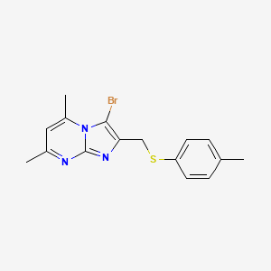 molecular formula C16H16BrN3S B2836555 3-溴-5,7-二甲基-2-((对甲苯硫基)甲基)咪唑并[1,2-a]嘧啶 CAS No. 313274-38-3