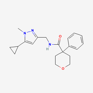 molecular formula C20H25N3O2 B2836771 N-((5-cyclopropyl-1-methyl-1H-pyrazol-3-yl)methyl)-4-phenyltetrahydro-2H-pyran-4-carboxamide CAS No. 1448123-27-0