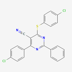 molecular formula C23H13Cl2N3S B2836813 4-(4-氯苯基)-6-[(4-氯苯基)硫代]-2-苯基-5-嘧啶碳腈 CAS No. 320418-49-3