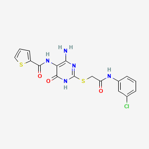 molecular formula C17H14ClN5O3S2 B2836850 N-(4-amino-2-((2-((3-chlorophenyl)amino)-2-oxoethyl)thio)-6-oxo-1,6-dihydropyrimidin-5-yl)thiophene-2-carboxamide CAS No. 868225-53-0