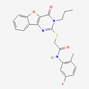 molecular formula C22H20FN3O3S B2836913 N-(5-fluoro-2-methylphenyl)-2-[(4-oxo-3-propyl-3,4-dihydro[1]benzofuro[3,2-d]pyrimidin-2-yl)sulfanyl]acetamide CAS No. 899755-91-0