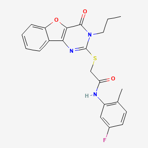 molecular formula C22H20FN3O3S B2836913 N-(5-fluoro-2-methylphenyl)-2-({6-oxo-5-propyl-8-oxa-3,5-diazatricyclo[7.4.0.0^{2,7}]trideca-1(9),2(7),3,10,12-pentaen-4-yl}sulfanyl)acetamide CAS No. 899755-91-0