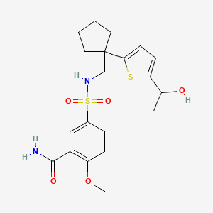 molecular formula C20H26N2O5S2 B2836930 5-(N-((1-(5-(1-羟乙基)噻吩-2-基)环戊基)甲基)磺酰基)-2-甲氧基苯甲酰胺 CAS No. 2034549-91-0