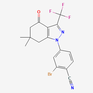 molecular formula C17H13BrF3N3O B2836933 2-bromo-4-[6,6-dimethyl-4-oxo-3-(trifluoromethyl)-4,5,6,7-tetrahydro-1H-indazol-1-yl]benzenecarbonitrile CAS No. 908111-35-3