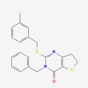 molecular formula C21H20N2OS2 B2837033 3-Benzyl-2-[(3-methylphenyl)methylsulfanyl]-6,7-dihydrothieno[3,2-d]pyrimidin-4-one CAS No. 877618-95-6