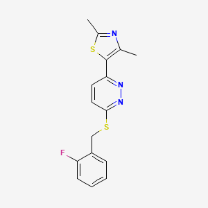 molecular formula C16H14FN3S2 B2837049 5-(6-((2-Fluorobenzyl)thio)pyridazin-3-yl)-2,4-dimethylthiazole CAS No. 894006-46-3