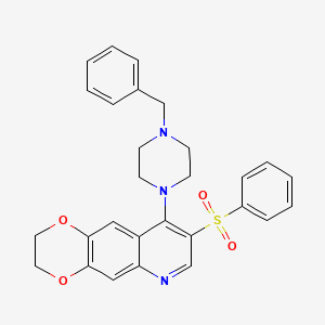 molecular formula C28H27N3O4S B2837053 1-[8-(benzenesulfonyl)-2H,3H-[1,4]dioxino[2,3-g]quinolin-9-yl]-4-benzylpiperazine CAS No. 866812-10-4