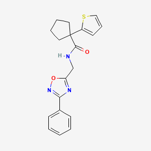 molecular formula C19H19N3O2S B2837111 N-((3-phenyl-1,2,4-oxadiazol-5-yl)methyl)-1-(thiophen-2-yl)cyclopentanecarboxamide CAS No. 1203036-71-8