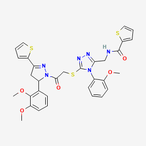 molecular formula C32H30N6O5S3 B2837153 N-[[5-[2-[3-(2,3-二甲氧基苯基)-5-噻吩-2-基-3,4-二氢嘧啶-2-基]-2-氧代乙基]硫代-4-(2-甲氧基苯基)-1,2,4-三唑-3-基]甲基]噻吩-2-甲酰胺 CAS No. 362508-25-6