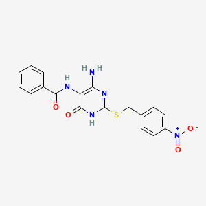 molecular formula C18H15N5O4S B2837174 N-(4-amino-2-((4-nitrobenzyl)thio)-6-oxo-1,6-dihydropyrimidin-5-yl)benzamide CAS No. 888414-60-6