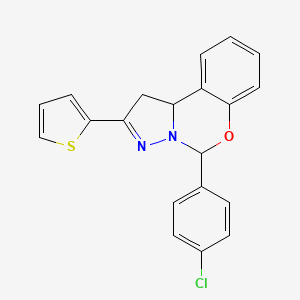 molecular formula C20H15ClN2OS B2837252 7-(4-Chlorophenyl)-4-(thiophen-2-yl)-8-oxa-5,6-diazatricyclo[7.4.0.0^{2,6}]trideca-1(13),4,9,11-tetraene CAS No. 332062-50-7