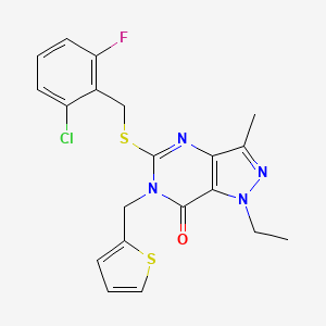 molecular formula C20H18ClFN4OS2 B2837269 5-((2-chloro-6-fluorobenzyl)thio)-1-ethyl-3-methyl-6-(thiophen-2-ylmethyl)-1H-pyrazolo[4,3-d]pyrimidin-7(6H)-one CAS No. 1357974-60-7