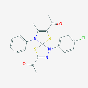 molecular formula C21H18ClN3O2S2 B283727 1-[3-Acetyl-1-(4-chlorophenyl)-8-methyl-9-phenyl-4,6-dithia-1,2,9-triazaspiro[4.4]nona-2,7-dien-7-yl]ethanone 