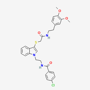 molecular formula C29H30ClN3O4S B2837313 4-chloro-N-(2-(3-((2-((3,4-dimethoxyphenethyl)amino)-2-oxoethyl)thio)-1H-indol-1-yl)ethyl)benzamide CAS No. 532972-54-6
