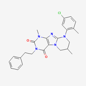 molecular formula C25H26ClN5O2 B2837324 9-(5-chloro-2-methylphenyl)-1,7-dimethyl-3-phenethyl-6,7,8,9-tetrahydropyrimido[2,1-f]purine-2,4(1H,3H)-dione CAS No. 877617-33-9