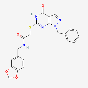 molecular formula C22H19N5O4S B2837357 N-(苯并[d][1,3]二噁杂环戊-5-基甲基)-2-((1-苄基-4-氧代-4,5-二氢-1H-吡唑并[3,4-d]嘧啶-6-基)硫代)乙酰胺 CAS No. 1207047-20-8