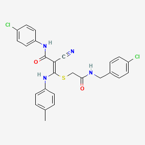 molecular formula C26H22Cl2N4O2S B2837435 (E)-N-(4-chlorophenyl)-3-[2-[(4-chlorophenyl)methylamino]-2-oxoethyl]sulfanyl-2-cyano-3-(4-methylanilino)prop-2-enamide CAS No. 749219-62-3
