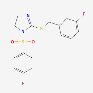 molecular formula C16H14F2N2O2S2 B2837448 2-[(3-Fluorophenyl)methylsulfanyl]-1-(4-fluorophenyl)sulfonyl-4,5-dihydroimidazole CAS No. 868216-75-5