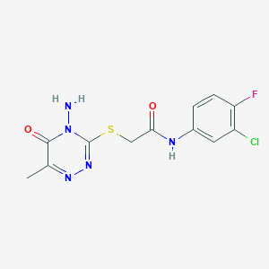 molecular formula C12H11ClFN5O2S B2837460 2-[(4-amino-6-methyl-5-oxo-1,2,4-triazin-3-yl)sulfanyl]-N-(3-chloro-4-fluorophenyl)acetamide CAS No. 886965-67-9