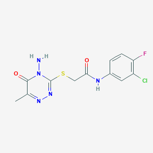 molecular formula C12H11ClFN5O2S B2837460 2-[(4-amino-6-methyl-5-oxo-4,5-dihydro-1,2,4-triazin-3-yl)sulfanyl]-N-(3-chloro-4-fluorophenyl)acetamide CAS No. 886965-67-9