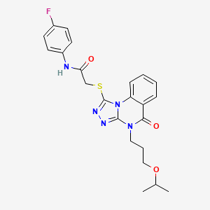 molecular formula C23H24FN5O3S B2837494 N-(4-fluorophenyl)-2-({5-oxo-4-[3-(propan-2-yloxy)propyl]-4H,5H-[1,2,4]triazolo[4,3-a]quinazolin-1-yl}sulfanyl)acetamide CAS No. 1111038-59-5