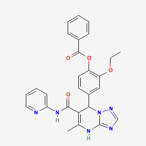molecular formula C27H24N6O4 B2837529 2-Ethoxy-4-(5-methyl-6-(pyridin-2-ylcarbamoyl)-4,7-dihydro-[1,2,4]triazolo[1,5-a]pyrimidin-7-yl)phenyl benzoate CAS No. 477292-99-2