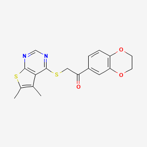 molecular formula C18H16N2O3S2 B2837548 1-(2,3-Dihydrobenzo[b][1,4]dioxin-6-yl)-2-((5,6-dimethylthieno[2,3-d]pyrimidin-4-yl)thio)ethanone CAS No. 315693-21-1