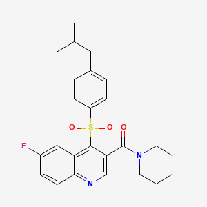 molecular formula C25H27FN2O3S B2837564 6-Fluoro-4-[(4-isobutylphenyl)sulfonyl]-3-(piperidin-1-ylcarbonyl)quinoline CAS No. 1111050-68-0