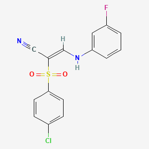 molecular formula C15H10ClFN2O2S B2837593 2-((4-Chlorophenyl)sulfonyl)-3-((3-fluorophenyl)amino)prop-2-enenitrile CAS No. 882255-74-5