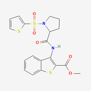 molecular formula C19H18N2O5S3 B2837598 Methyl 3-(1-(thiophen-2-ylsulfonyl)pyrrolidine-2-carboxamido)benzo[b]thiophene-2-carboxylate CAS No. 1097650-99-1