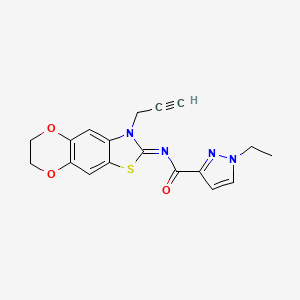molecular formula C18H16N4O3S B2837645 1-ethyl-N-[(5Z)-6-(prop-2-yn-1-yl)-10,13-dioxa-4-thia-6-azatricyclo[7.4.0.0^{3,7}]trideca-1,3(7),8-trien-5-ylidene]-1H-pyrazole-3-carboxamide CAS No. 1173313-97-7