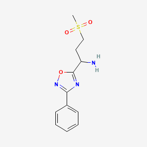 molecular formula C12H16ClN3O3S B2837678 3-(Methylsulfonyl)-1-(3-phenyl-1,2,4-oxadiazol-5-yl)propan-1-amine CAS No. 1807982-49-5
