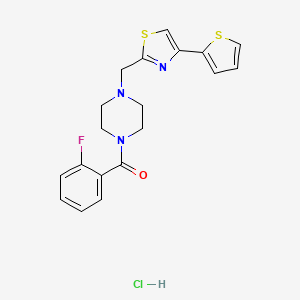 molecular formula C19H19ClFN3OS2 B2837682 (2-Fluorophenyl)(4-((4-(thiophen-2-yl)thiazol-2-yl)methyl)piperazin-1-yl)methanone hydrochloride CAS No. 1215388-22-9