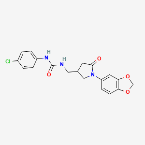 molecular formula C19H18ClN3O4 B2837733 1-((1-(Benzo[d][1,3]dioxol-5-yl)-5-oxopyrrolidin-3-yl)methyl)-3-(4-chlorophenyl)urea CAS No. 954589-03-8