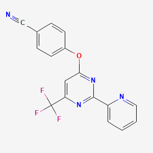 molecular formula C17H9F3N4O B2837796 4-{[2-(2-Pyridinyl)-6-(trifluoromethyl)-4-pyrimidinyl]oxy}benzenecarbonitrile CAS No. 338754-15-7