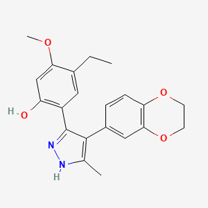 molecular formula C21H22N2O4 B2837842 2-(4-(2,3-dihydrobenzo[b][1,4]dioxin-6-yl)-5-methyl-1H-pyrazol-3-yl)-4-ethyl-5-methoxyphenol CAS No. 374705-34-7